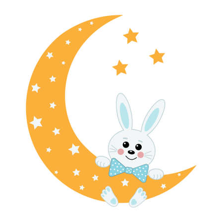 Children's illustration bunny hanging on the Moon, color vector illustration in flat style.のイラスト素材