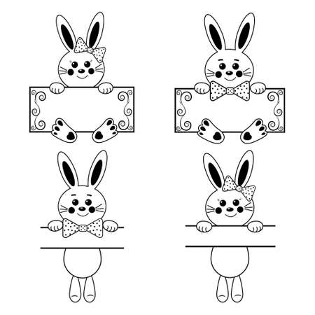 Cute rabbit character with greeting card, black outlineのイラスト素材