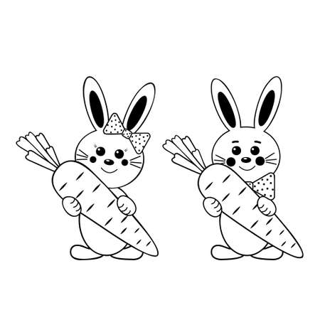 Cute rabbit character with carrot, black outlineのイラスト素材