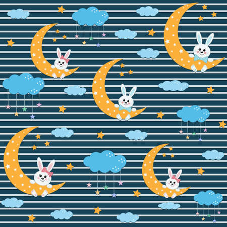 Rabbit pattern on the Moon among the clouds, color vector illustration on a dark blue background with a stripe, textile, printのイラスト素材