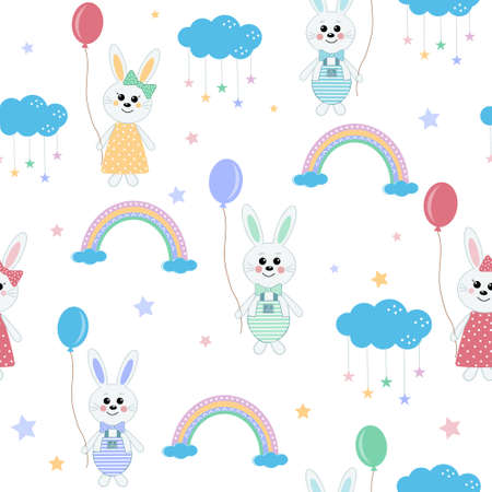 Bunny pattern with balloons among clouds with rainbows, color vector illustration, textile, printのイラスト素材