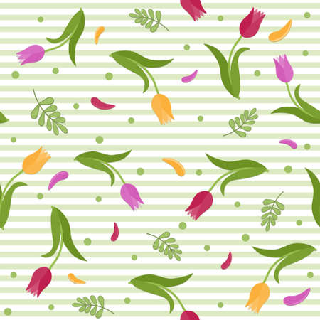 pattern of tulips on a white background with stripes, color vector illustration, print, textileのイラスト素材