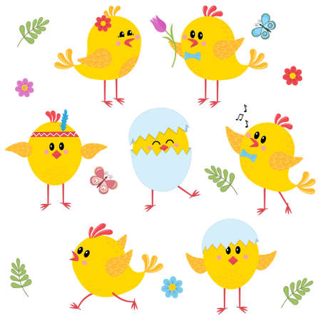chicken clip art set isolated on white background, color vector illustration in flat style, icon, design, decorationのイラスト素材