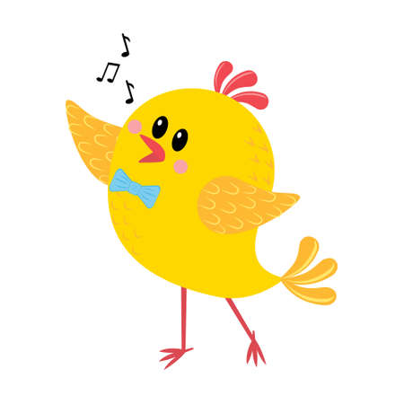 Chicken sings songs isolated on white background, color vector illustration in flat style, icon, design, decorationのイラスト素材