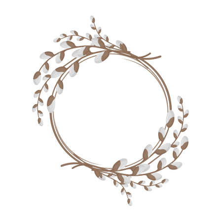 round frame of flowering willow branches, isolated vector illustration in flat style, design, decorationのイラスト素材