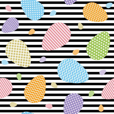 Easter eggs pattern with ornament on striped background, color isolated vector illustrations, print, textileのイラスト素材