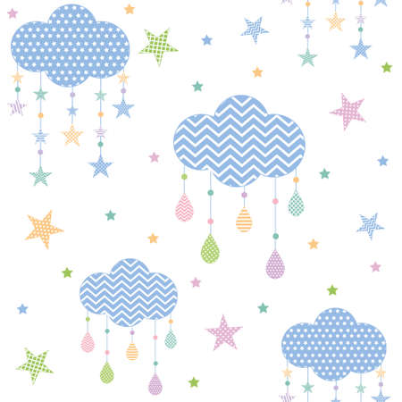 Star clouds pattern, color vector illustration on white background, print textileのイラスト素材