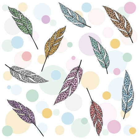 Pattern of multicolored feathers on a white background in a circleのイラスト素材