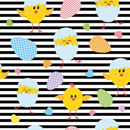 Chicken and rainbow pattern on striped backgroundのイラスト素材