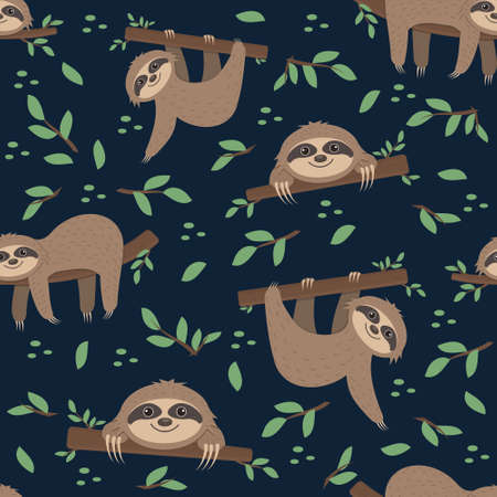 Sloth pattern on a background of tropical leaves on a green backgroundのイラスト素材