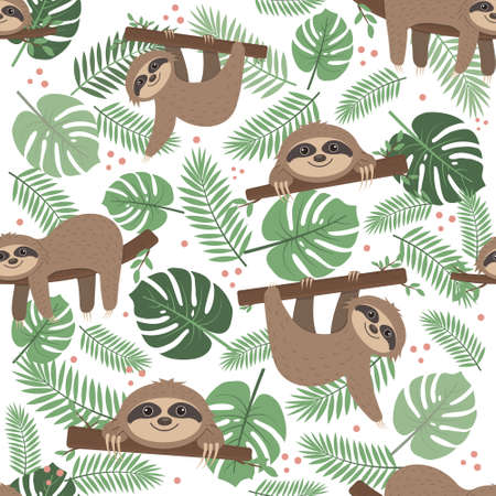 Sloth pattern on a background of tropical leaves on a green backgroundのイラスト素材