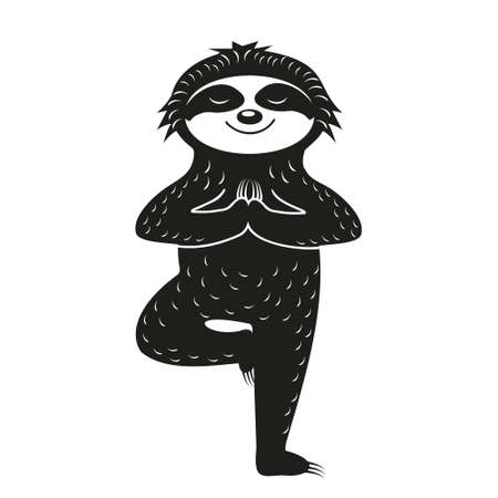 Sloth stands in yoga pose, isolated illustration black stencil, clipart, design, printのイラスト素材