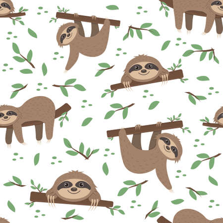 Sloth pattern on a background of tropical leaves on a green backgroundのイラスト素材