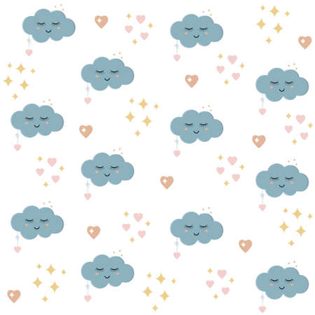 Children's cute pattern of sleeping clouds in boho style, wallpaper, textiles backgroundのイラスト素材