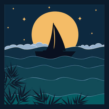 Sailboat on the waves in the night sky against the background of the moon and stars papercut illustrationのイラスト素材