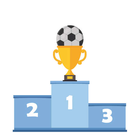 Award podium with gold cup and soccer ball, color vector illustration in flat styleのイラスト素材