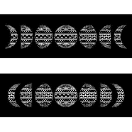 moon phases in black with white pattern ornament, vector illustrationのイラスト素材