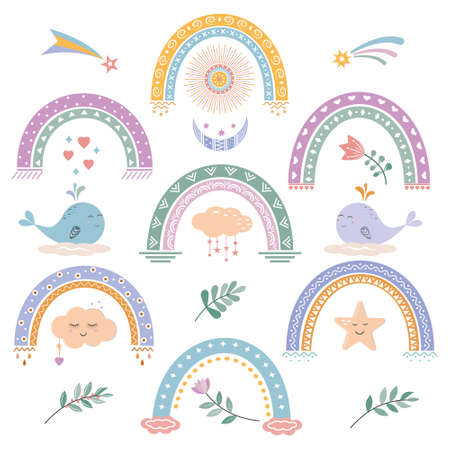 Set of rainbow whales flowers and other elements in boho style, color vector illustrationのイラスト素材