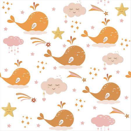 Boho-style whales and clouds pattern, color vector illustration for childrens roomsのイラスト素材
