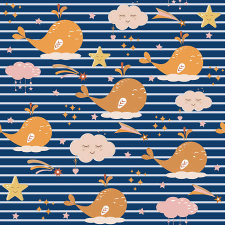 Pattern of whales and clouds on a dark blue striped background children's illustration color vectorのイラスト素材