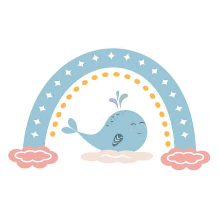 The composition is an abstract rainbow with a pattern and a small whale on a cloud in boho styleのイラスト素材