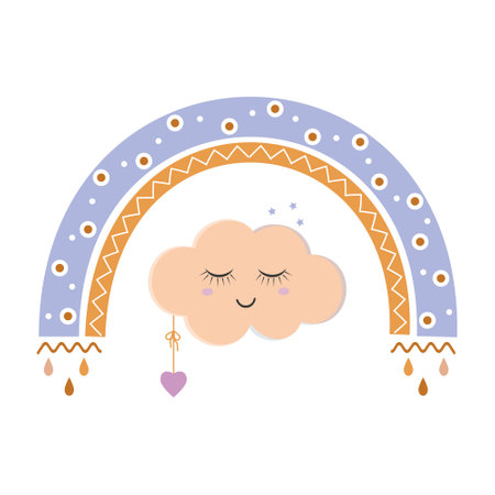 The composition is an abstract rainbow with a pattern and a cloud in boho styleのイラスト素材
