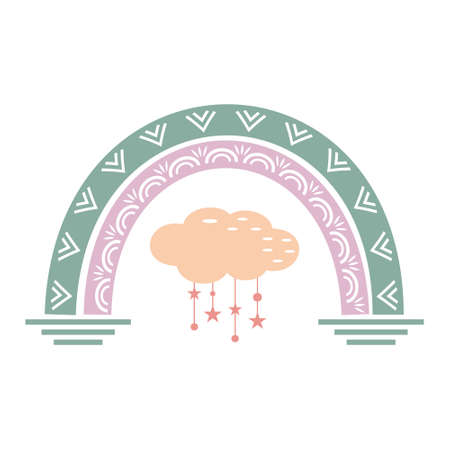 The composition is an abstract rainbow with a pattern and a cloud in boho styleのイラスト素材