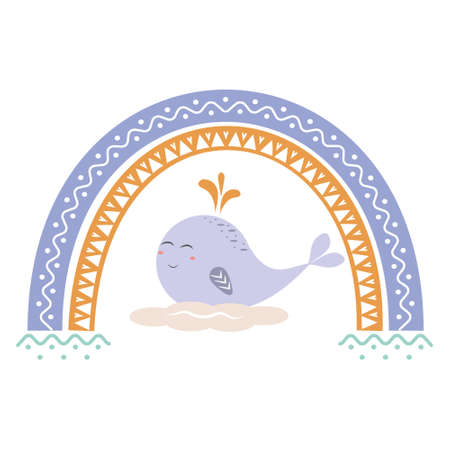 The composition is an abstract rainbow with a pattern and a small whale on a cloud in boho styleのイラスト素材