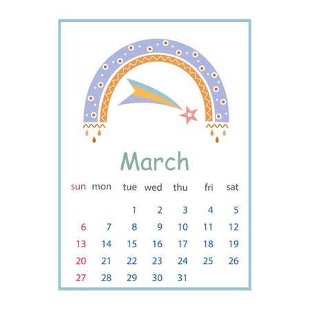 Calendar for March 2022, color vector illustration in boho style pastel colorsのイラスト素材