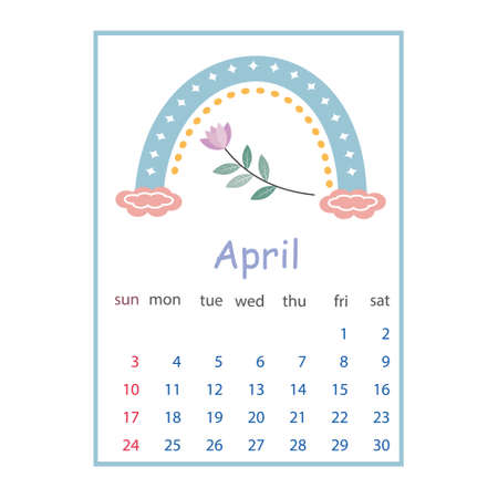 Calendar for April 2022, color vector illustration in boho style pastel colorsのイラスト素材