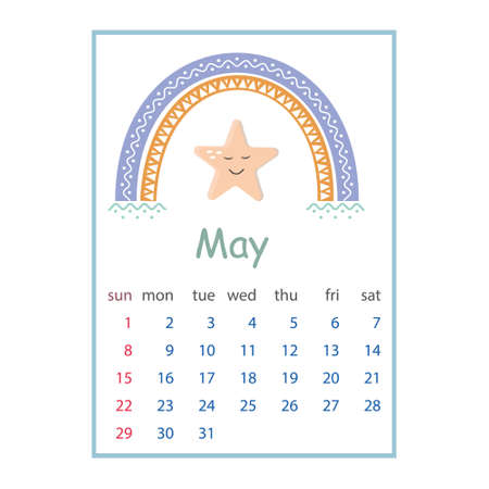 Calendar for May 2022, color vector illustration in boho style pastel colorsのイラスト素材
