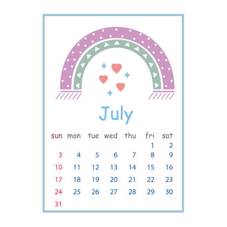 Calendar for July 2022, color vector illustration in boho style pastel colorsのイラスト素材