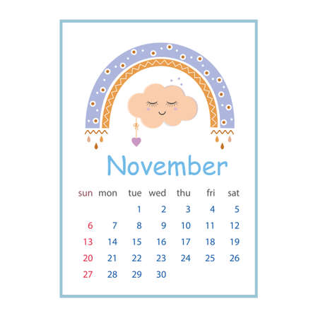 Calendar for November 2022, color vector illustration in boho style pastel colorsのイラスト素材