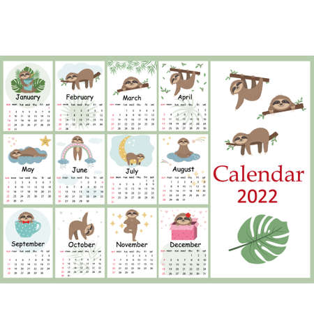 Calendar for 2022 cute Sloth characters, color vector illustrationのイラスト素材