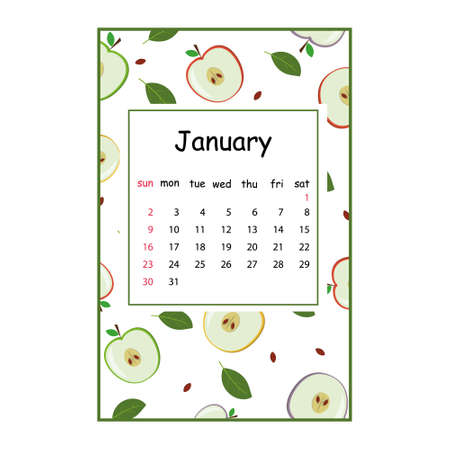Fruit calendar for 2022 with a fruit pattern for the month of January, color vector summer illustrationのイラスト素材