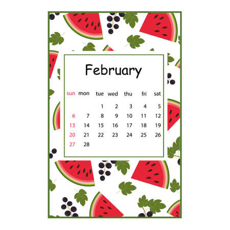 Fruit calendar for 2022 with a fruit pattern for the month of February, color vector summer illustrationのイラスト素材