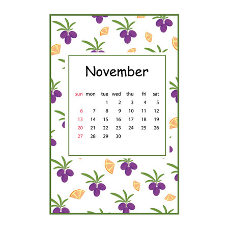 Fruit calendar for 2022 with a fruit pattern for the month of November, color vector summer illustration.のイラスト素材