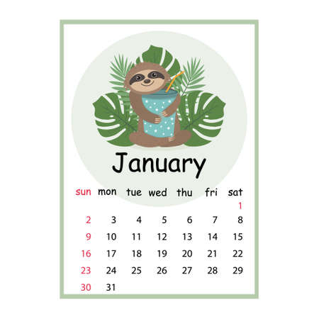 Calendar for 2022 cute Sloth characters, color vector illustration in cartoon style.のイラスト素材
