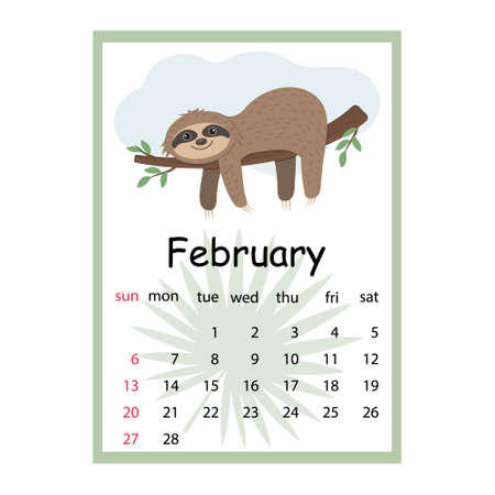 Calendar for 2022 cute Sloth characters, color vector illustration in cartoon style.のイラスト素材