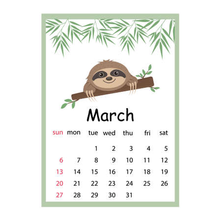 Calendar for 2022 cute Sloth characters, color vector illustration in cartoon style.のイラスト素材