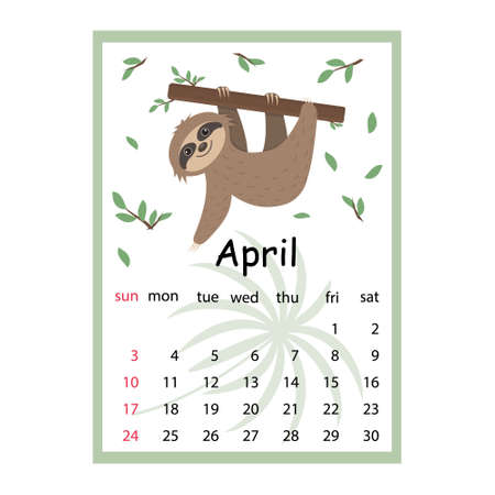 Calendar for 2022 cute Sloth characters, color vector illustration in cartoon style.のイラスト素材