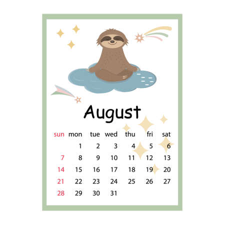 Calendar for 2022 cute Sloth characters, color vector illustration in cartoon style.のイラスト素材