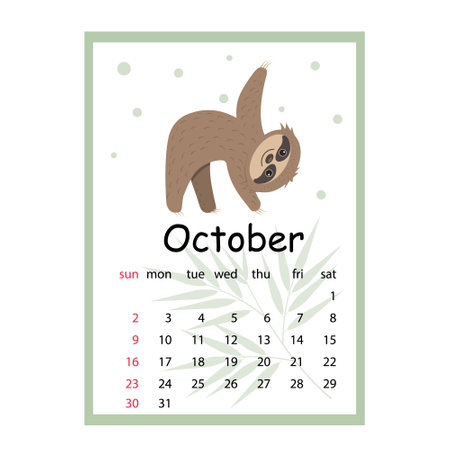 Calendar for 2022 cute Sloth characters, color vector illustration in cartoon style.のイラスト素材