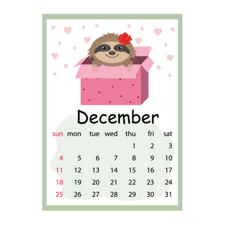 Calendar for 2022 cute Sloth characters, color vector illustration in cartoon style.のイラスト素材