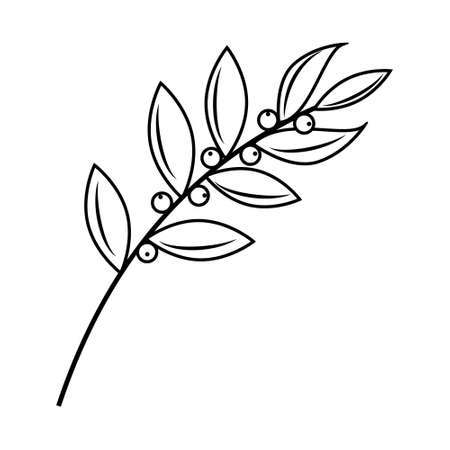 Branch with leaves and berries, isolated outline illustration, doodle style.のイラスト素材