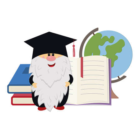 a gnome in an academic cap on the background of a globe and books, vector isolated illustration in the flat style.のイラスト素材