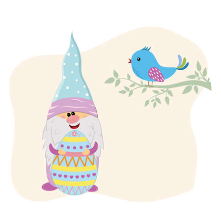 funny gnome with a decorated Easter egg and a bird on a tree branch, vector isolated illustration in flat style.のイラスト素材