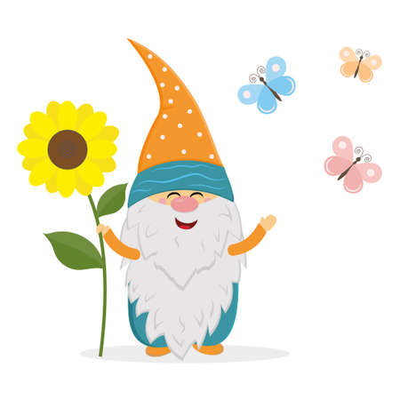 funny dwarf holding a large sunflower on a background of butterflies, vector isolated illustration in flat style.のイラスト素材