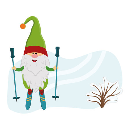 funny gnome skiing in winter, vector isolated illustration in flat style.のイラスト素材