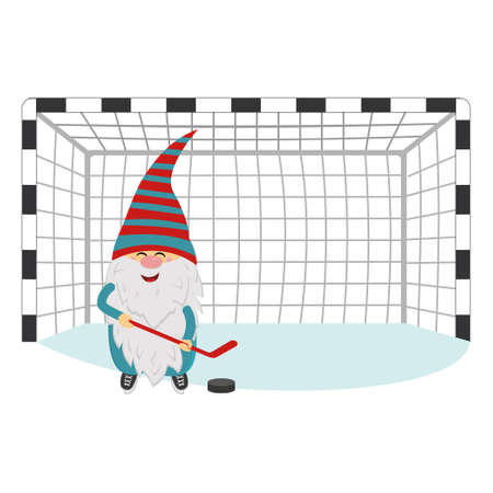a cheerful dwarf in winter plays hockey with a stick and a puck in the goal, vector isolated illustration.のイラスト素材